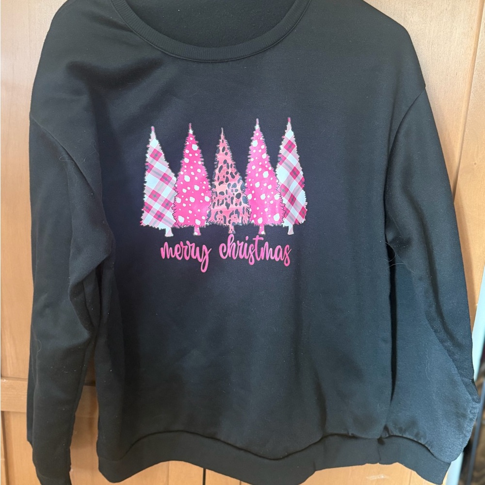 SHEIN Black Long Sleeve Sweatshirt with Pink Christmas Tree Graphic